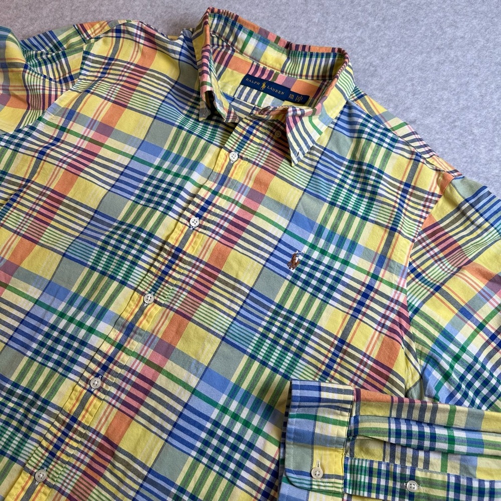 Ralph Lauren Polo Mens XXL Madras Plaid Button Down Shirt Yellow Multicolor Pony